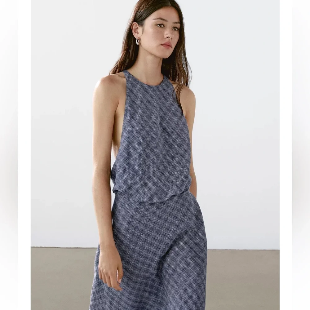 NEW Massimo Dutti Long Checkered Dress with Back Detail - Picture 9 of 12